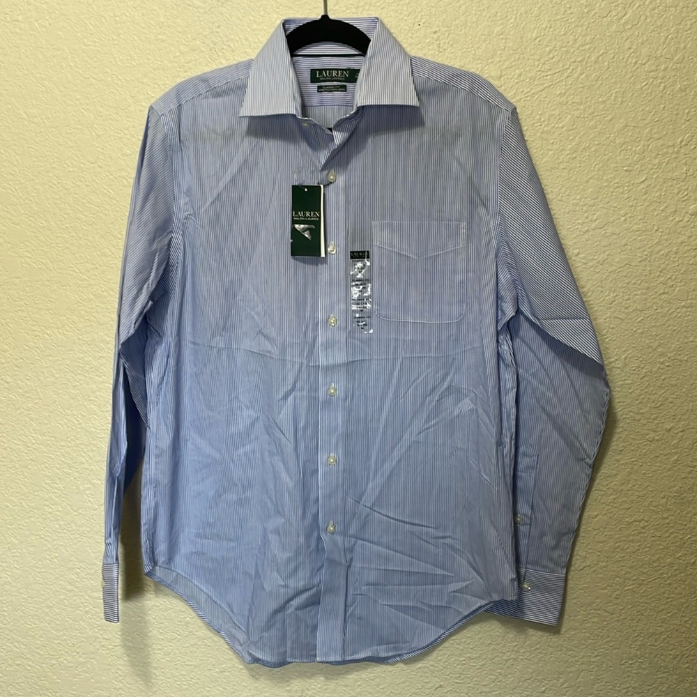 Lauren Ralph Lauren Mens Blue Classic Fit Stretch Non Iron Shirt. NWT. Sz 15 1/2